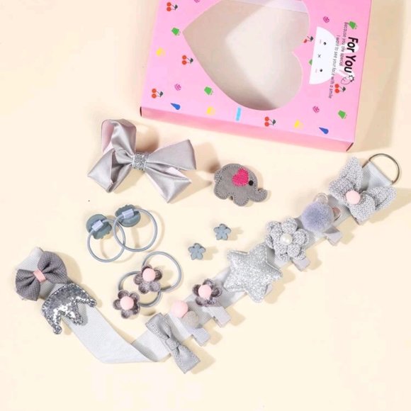 18 Piece Toddler Girls Bow and Flower Hair Accessory Gift Set Gray - Picture 3 of 3